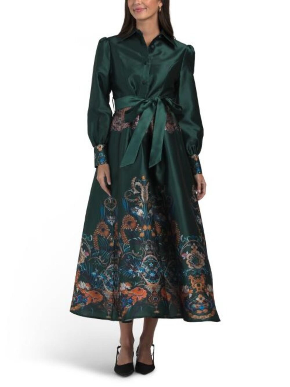 NANCY YANG Long Sleeve Belted Printed Gown